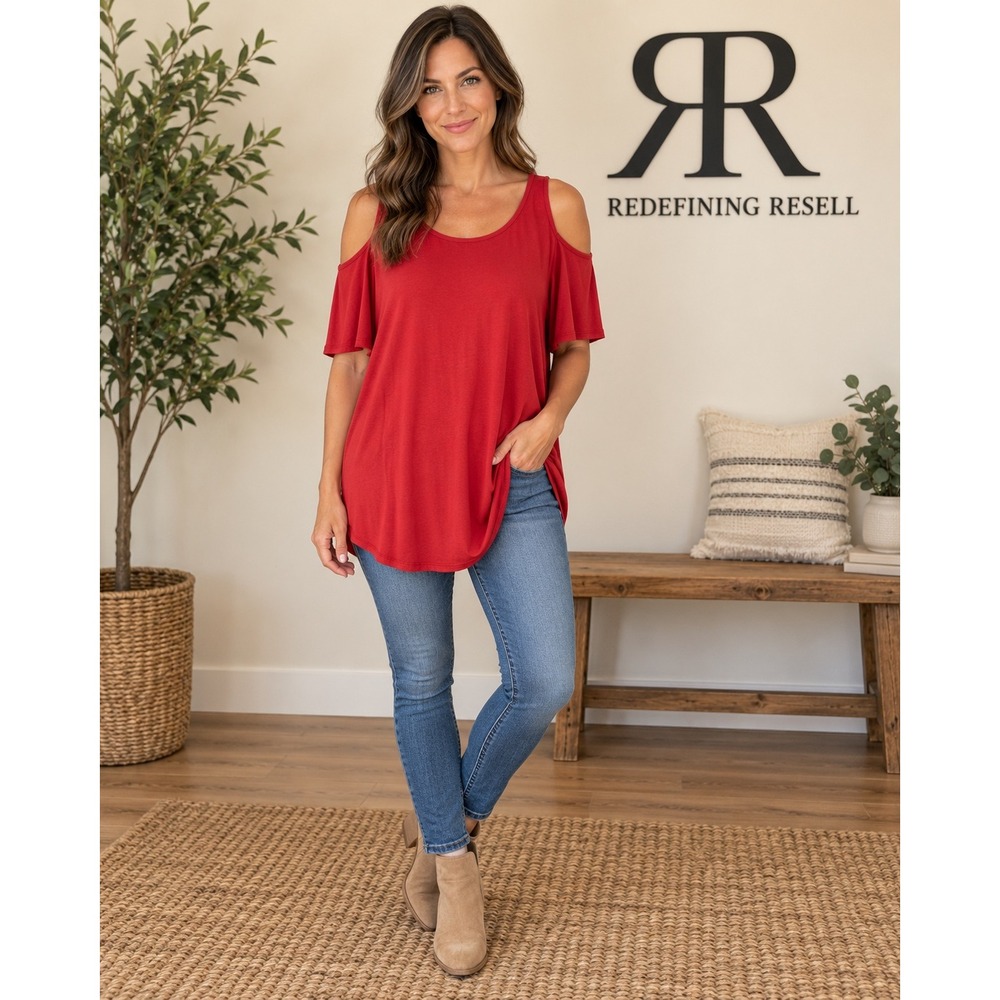 Easel Women Red Cold Shoulder Short Sleeve Back Pleat Top ET7083 Size Medium